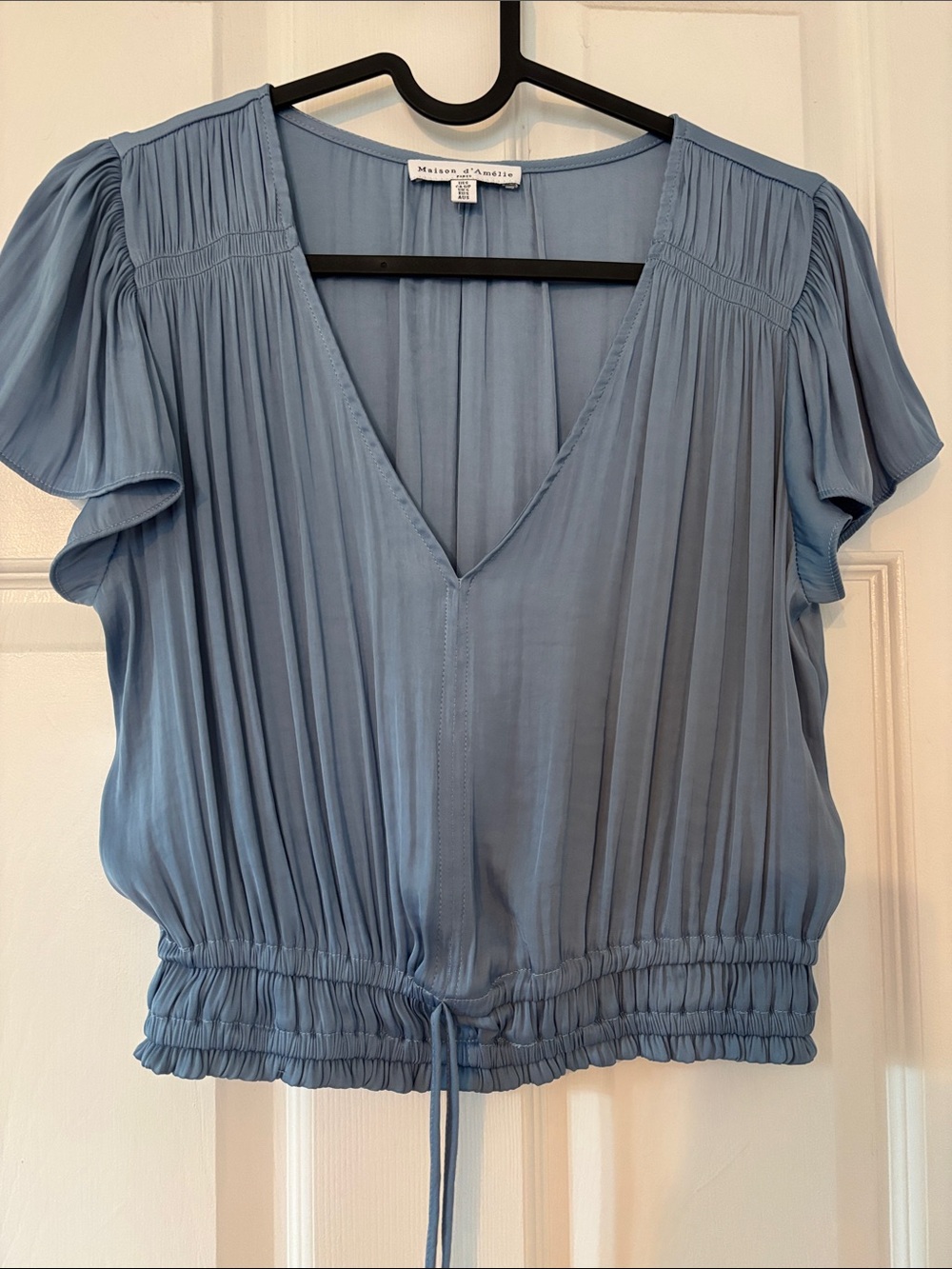 Maison d'Amélie size small Dusty Blue Pleated V-Neck Blouse with deco Drawstring